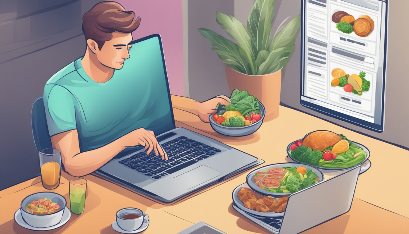 A person browsing a laptop, selecting and ordering diet meals online
