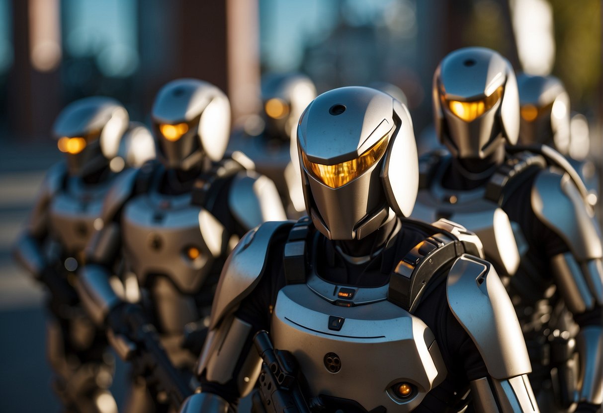 Un groupe de robots tireurs d'élite Solana se tient debout, leurs corps métalliques élégants scintillant au soleil. Ils sont positionnés stratégiquement, leurs viseurs laser verrouillés sur des cibles distantes avec précision