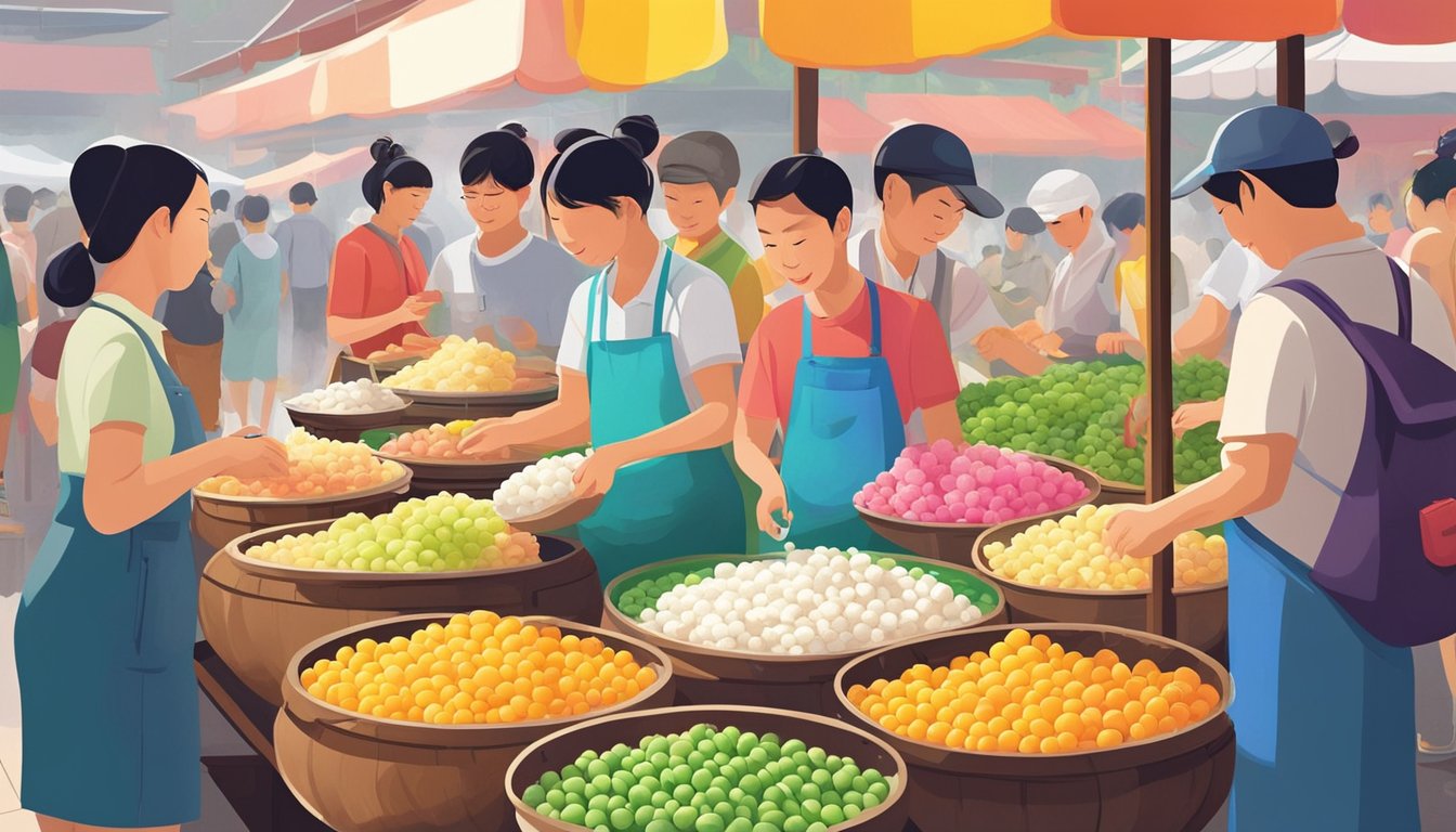People gather around colorful market stalls, eagerly selecting from a variety of Tang Yuan flavors in Singapore. Aromatic steam rises from the piping hot glutinous rice balls, creating a tantalizing display for the senses