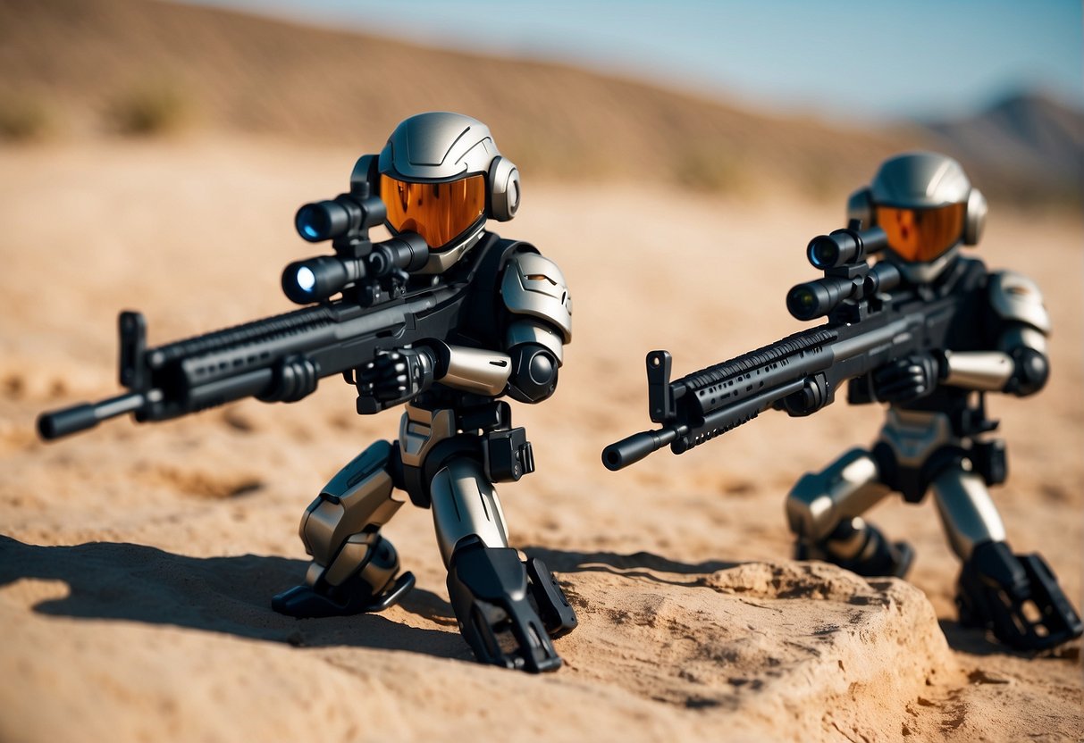 The Solana sniper bots stand tall, with sleek, metallic bodies and long, precision rifles aimed and ready for action. Their glowing red optics scan the horizon, ready to strike with deadly accuracy