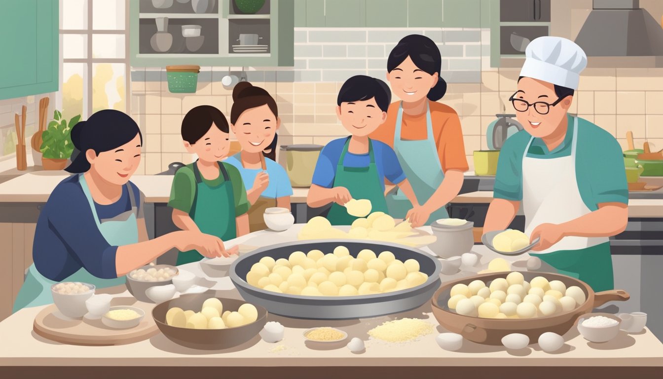 A family gathers around a kitchen table, rolling tang yuan dough into small balls. Ingredients and cooking utensils are scattered across the counter