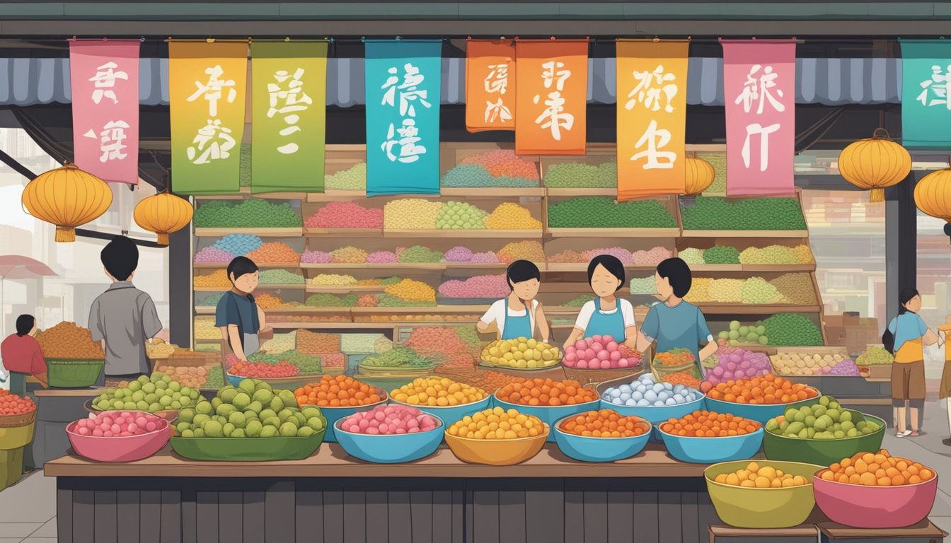 A bustling market stall in Singapore, with colorful tang yuan displayed in baskets, and a sign reading "Frequently Asked Questions: Where to buy tang yuan" prominently displayed