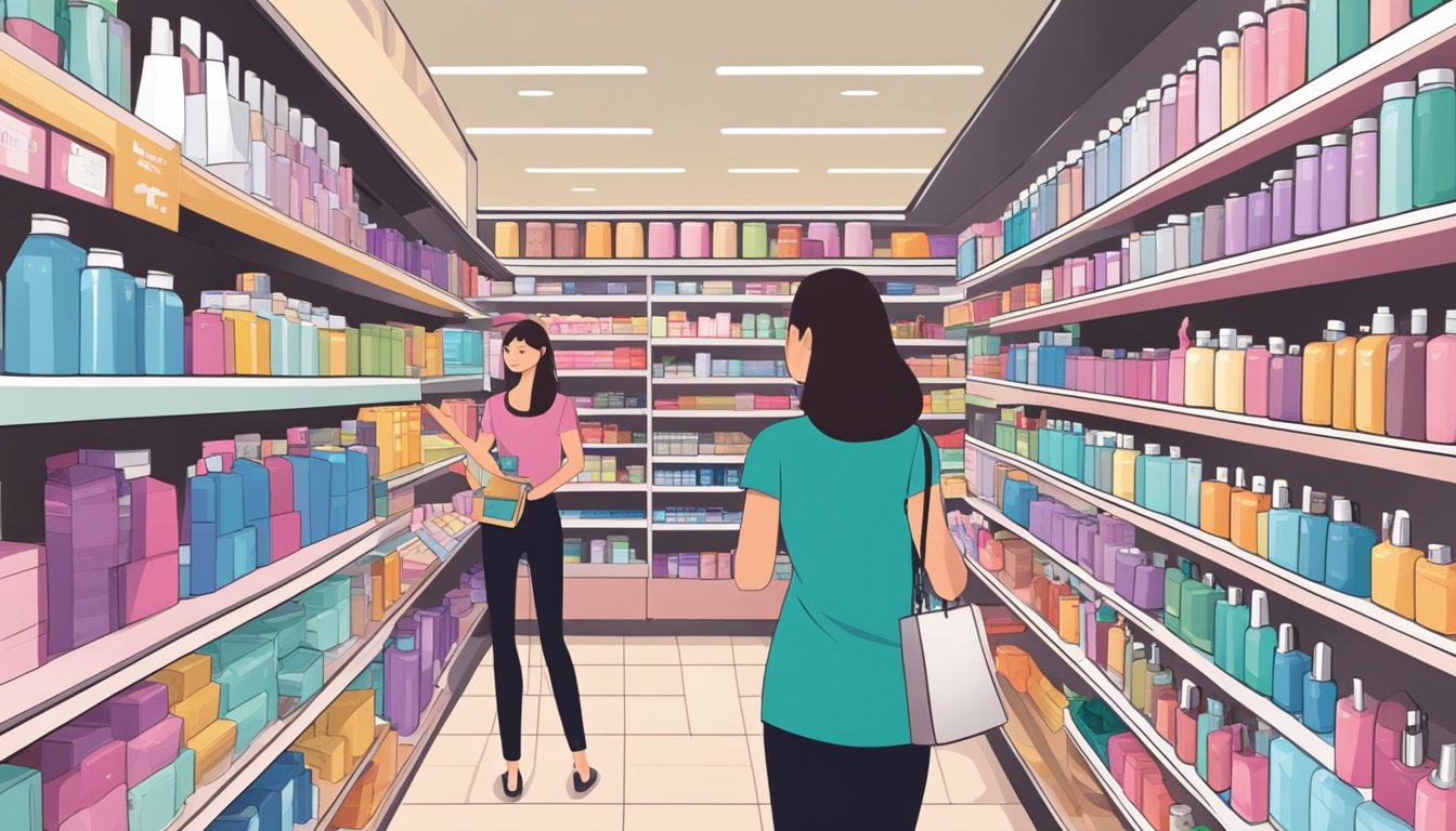 A bustling beauty store in Singapore displays various hair straightener creams on shelves. Customers browse the products, and a salesperson assists a client