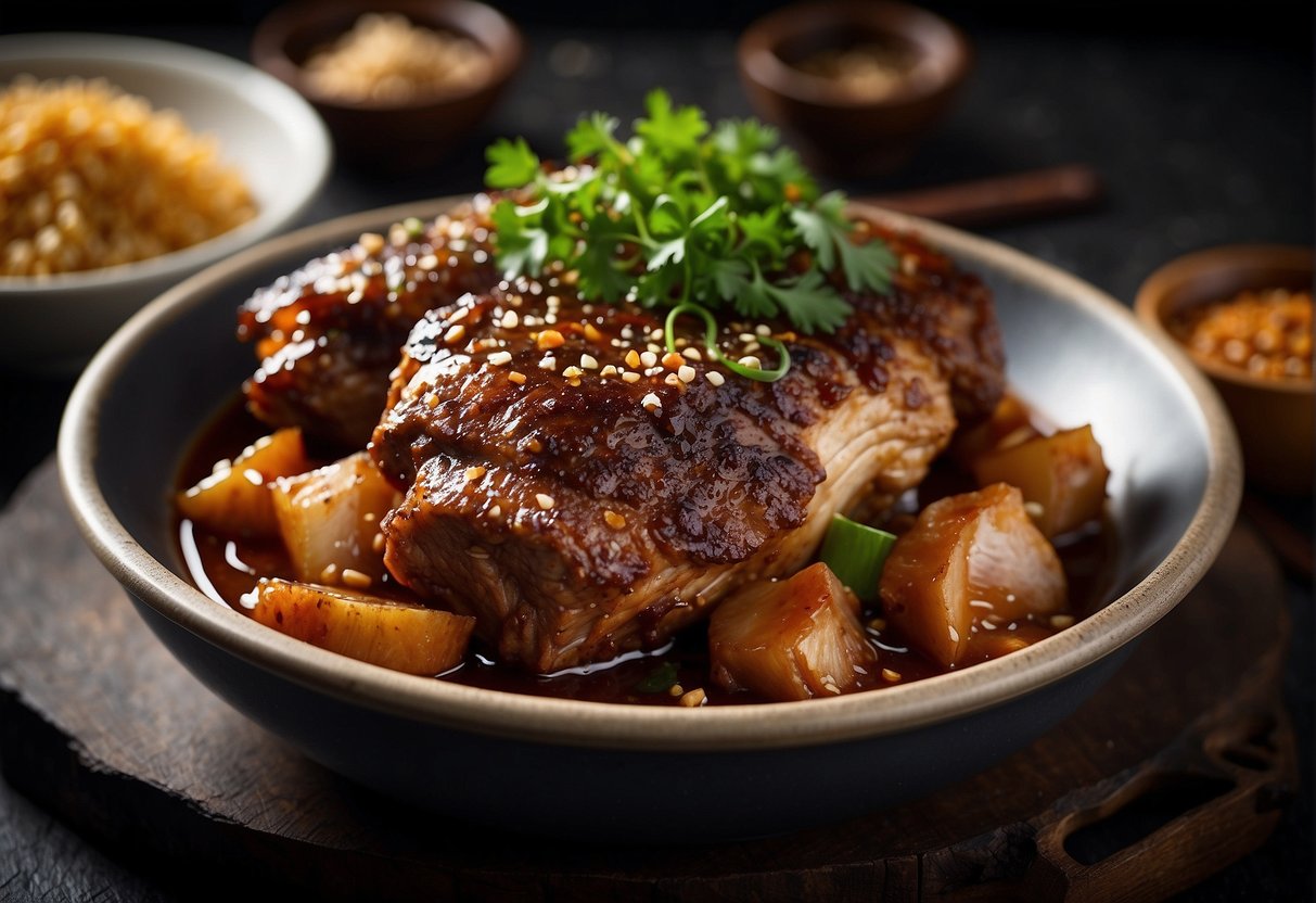 A large pork shoulder is marinated in a mixture of soy sauce, ginger, garlic, and five-spice powder. It is then slow-cooked until tender and caramelized, creating a savory and flavorful Chinese pork shoulder dish