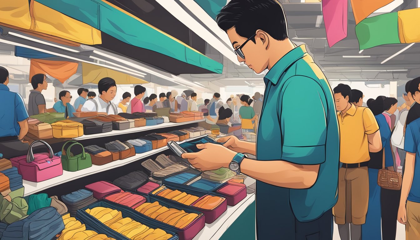 A man eagerly examines a sleek leather wallet in a bustling Singaporean market, surrounded by vibrant stalls and eager shoppers