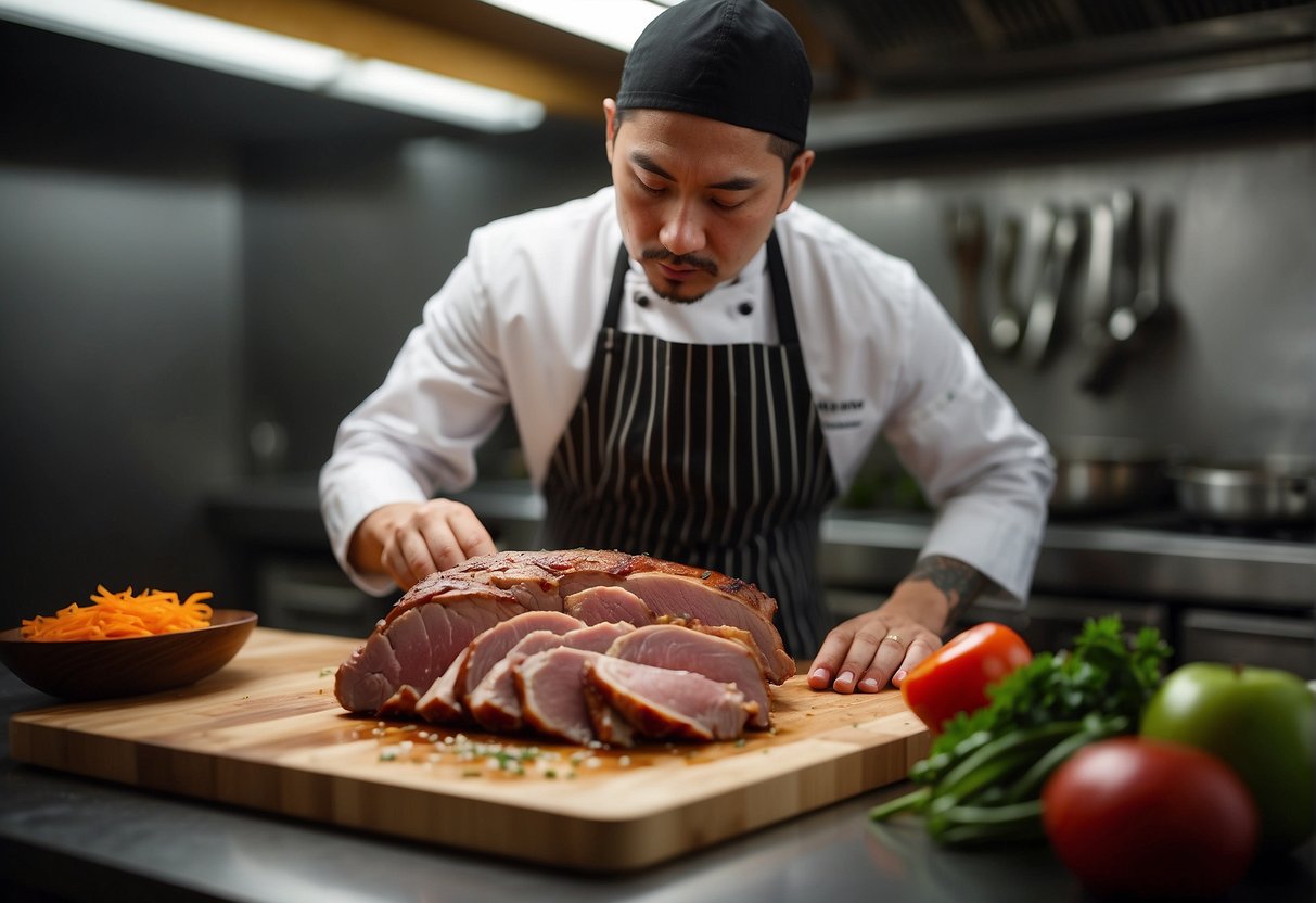 A chef carefully slices a marinated pork shoulder, showcasing the perfect cut for a Chinese recipe