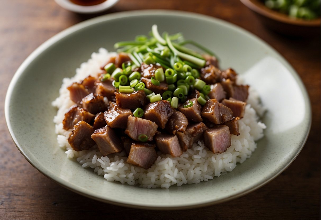 A cutting board with diced pork shoulder, ginger, garlic, and green onions. A bowl of soy sauce, rice wine, and sugar