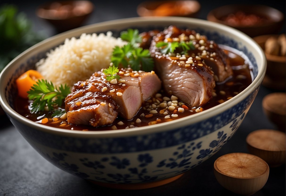 Chinese pork shoulder being marinated with soy sauce, ginger, garlic, and spices in a mixing bowl