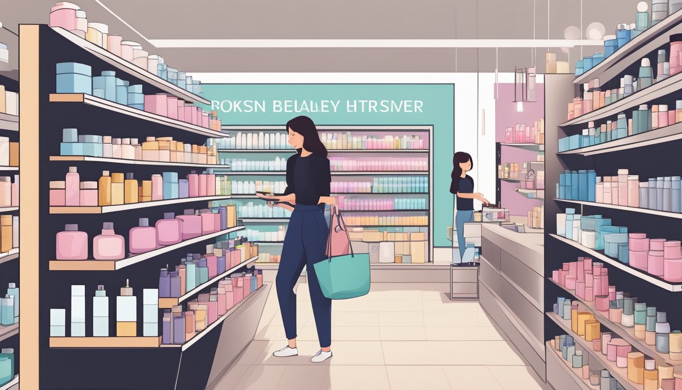 A modern, clean beauty store in Singapore with shelves stocked with various hair straightener creams and a knowledgeable staff member assisting a customer