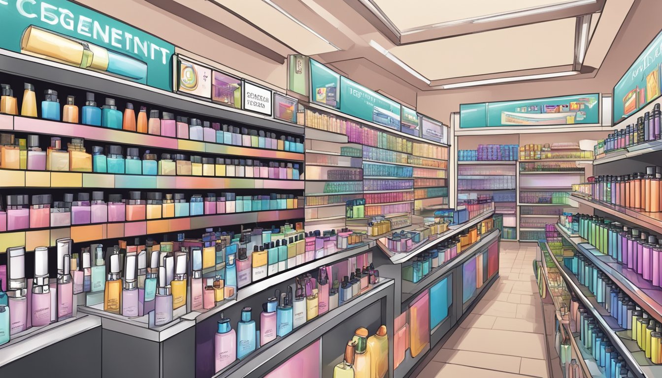 A bustling beauty store in Singapore displays a variety of hair straightener creams with prominent "Frequently Asked Questions" signage