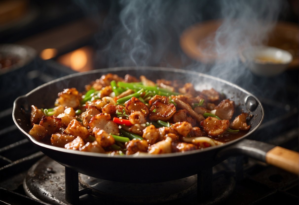 A wok sizzles as pork skin crackles in hot oil, accompanied by ginger, garlic, and soy sauce. Green onions and chili peppers add color and spice to the dish