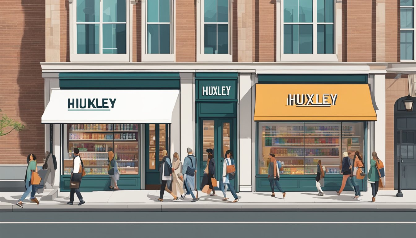 A bustling city street with a modern, clean storefront displaying the brand "Huxley" in bold letters. Shoppers are seen entering and exiting the store, and a sign indicates "Huxley products available here."