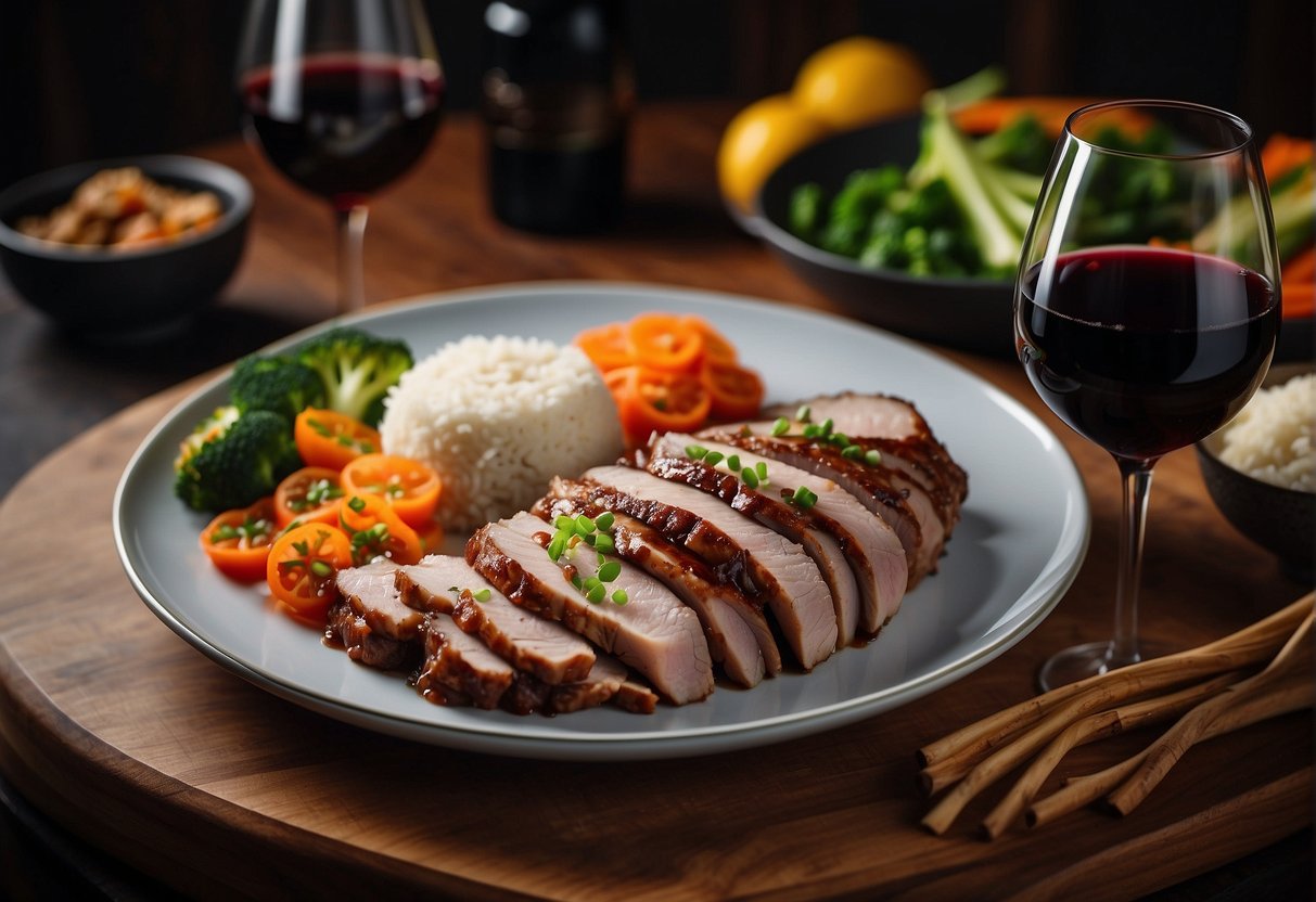A platter of sliced Chinese pork shoulder with a side of steamed vegetables and a bowl of rice, paired with a bottle of red wine