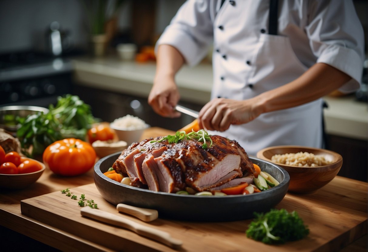 A chef preparing Chinese pork shoulder with ingredients and cooking utensils laid out on a kitchen counter