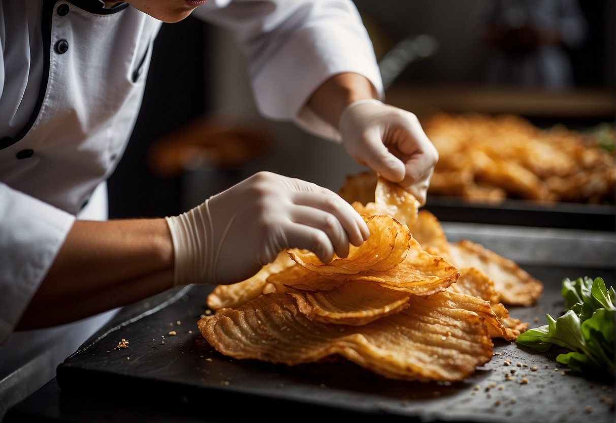 A chef carefully slices the crispy, golden Chinese pork skin, showcasing its perfect texture and color