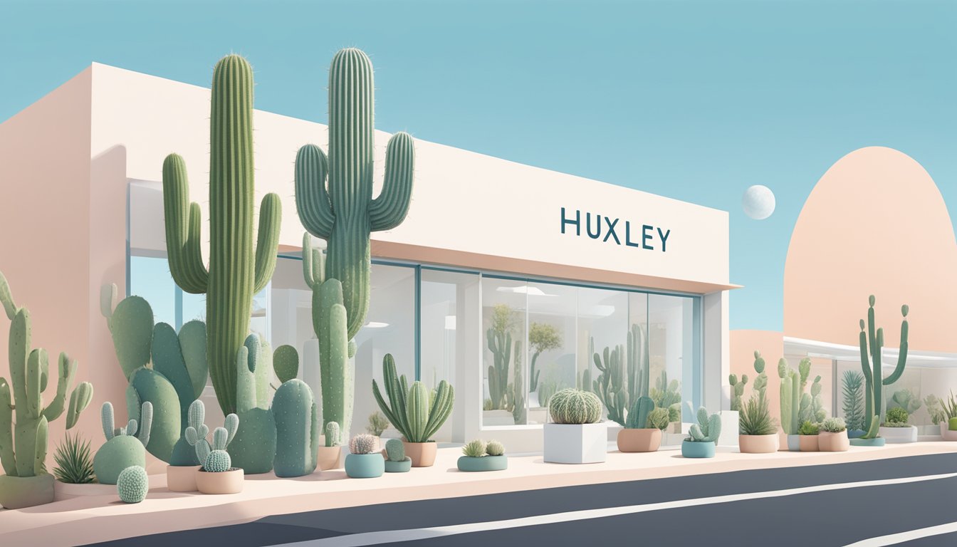 A desert landscape with cactus and prickly pear plants, a clear blue sky, and a modern, minimalist storefront displaying Huxley skincare products in Singapore