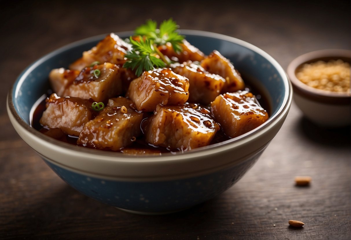 Pork pieces soaking in a mixture of soy sauce, sugar, and spices in a bowl