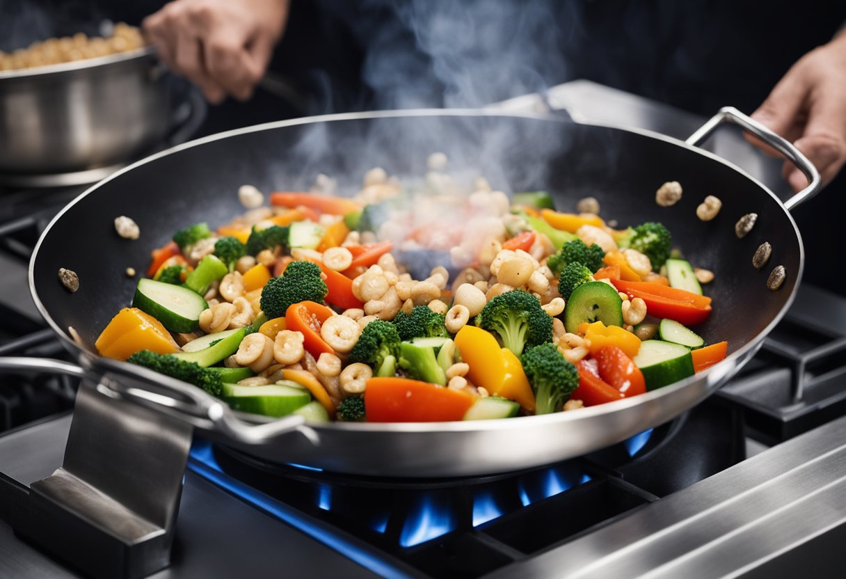 A wok sizzles as colorful vegetables are stir-fried with soy sauce and ginger. Steam rises as the chef adds a sprinkle of sesame seeds
