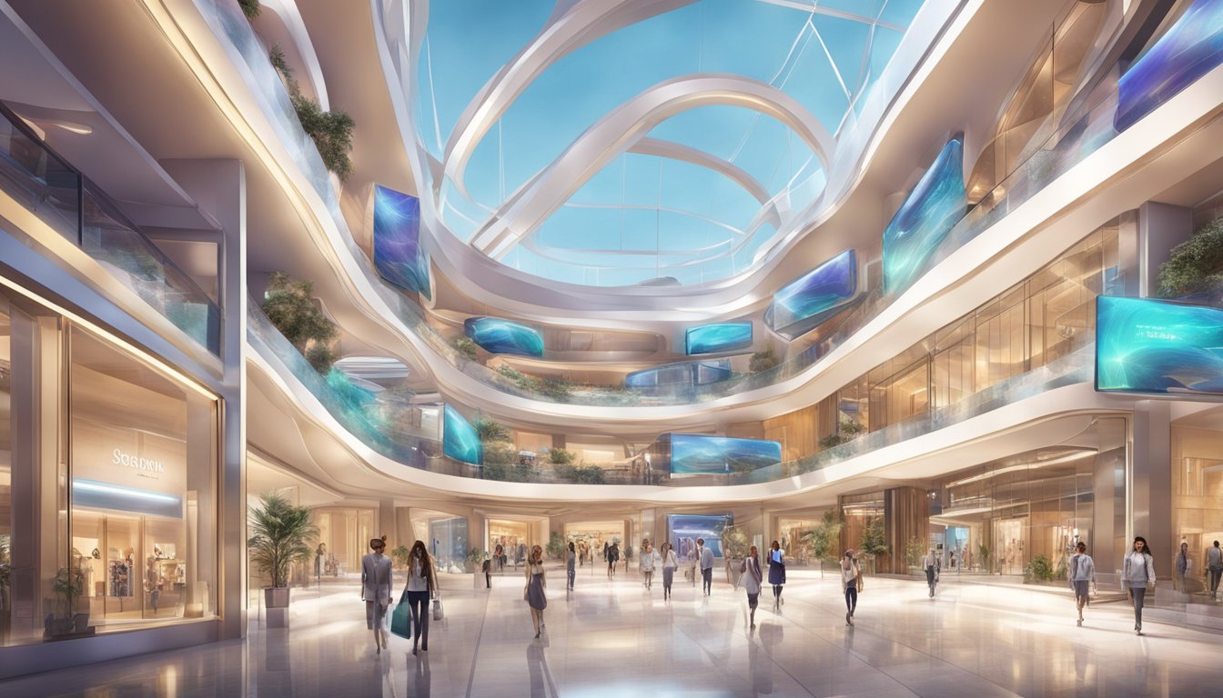 A luxurious, futuristic shopping mall with sleek, metallic architecture and vibrant digital displays showcasing the latest designs by Falguni and Shane Peacock