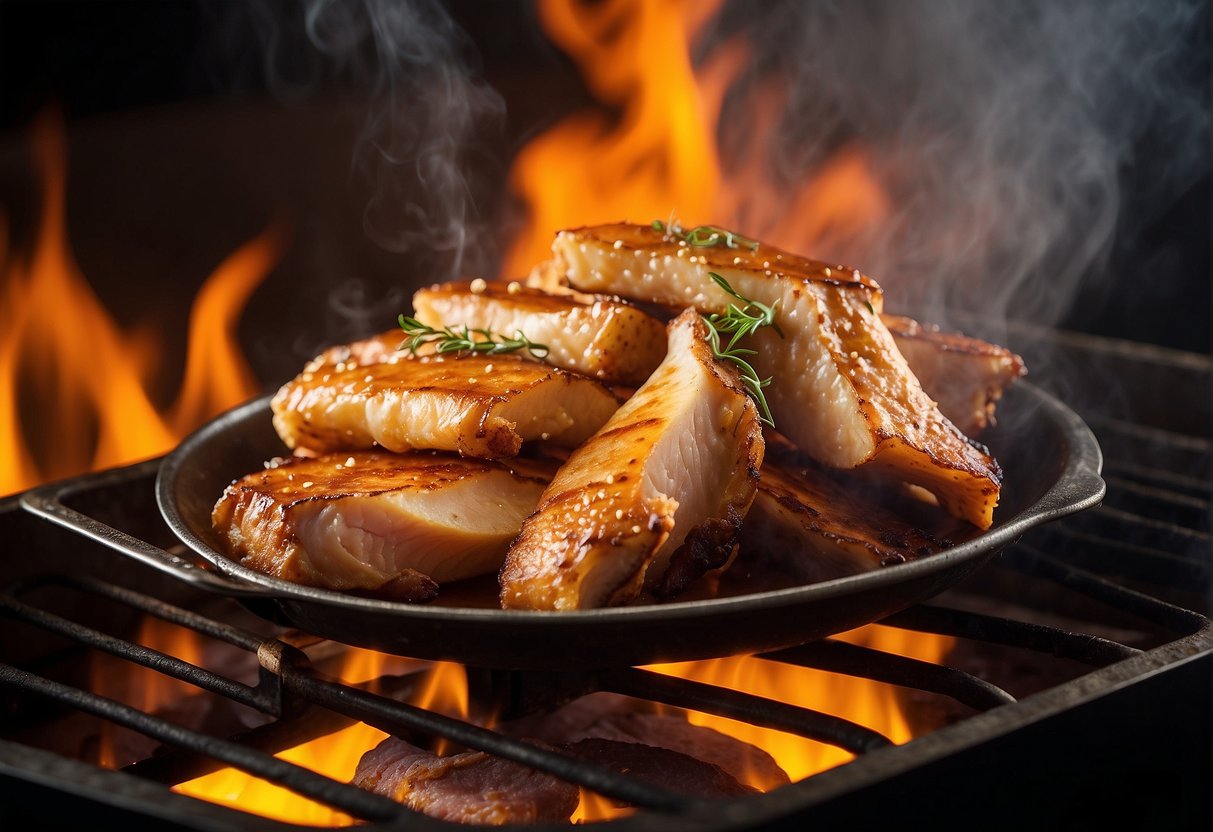 Golden brown pork skin sizzling over open flame, emitting mouthwatering aroma