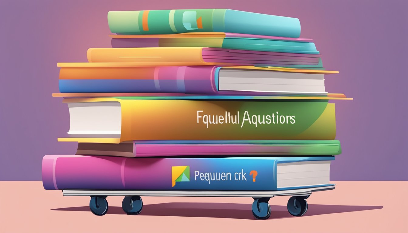 A stack of colorful "Frequently Asked Questions" books by Falguni and Shane Peacock, with an online shopping cart in the background