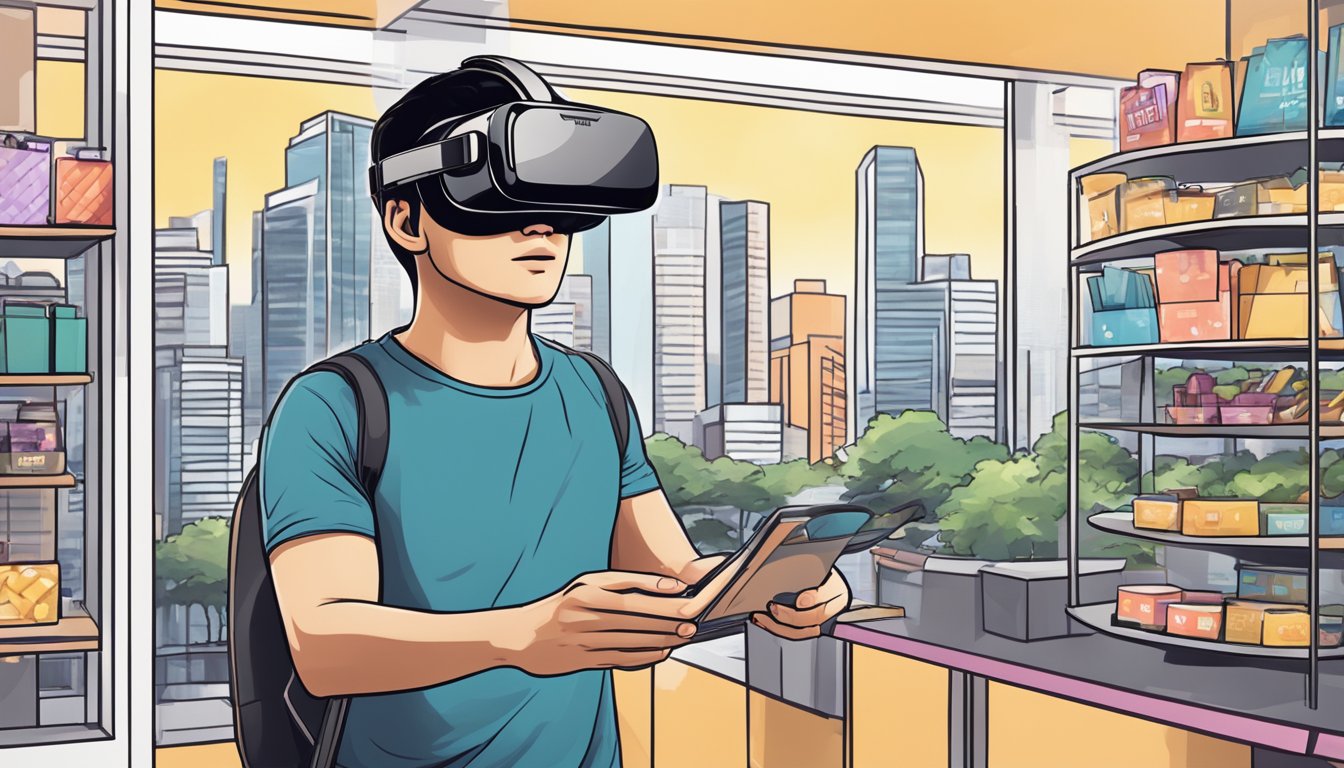 A person in Singapore purchases a VR headset from a store, with the city's skyline visible through the window