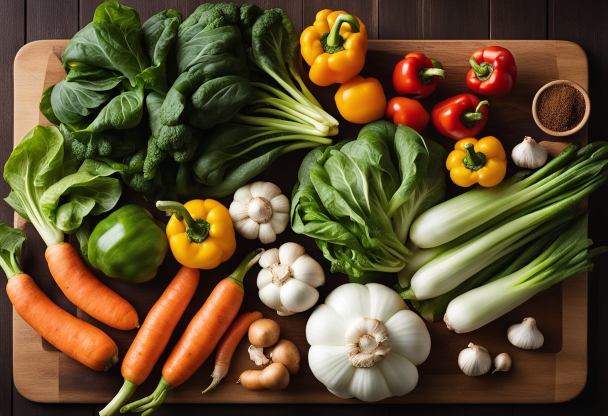 A variety of fresh vegetables arranged on a wooden cutting board, including bok choy, bell peppers, carrots, and mushrooms. Soy sauce, ginger, and garlic are also displayed nearby
