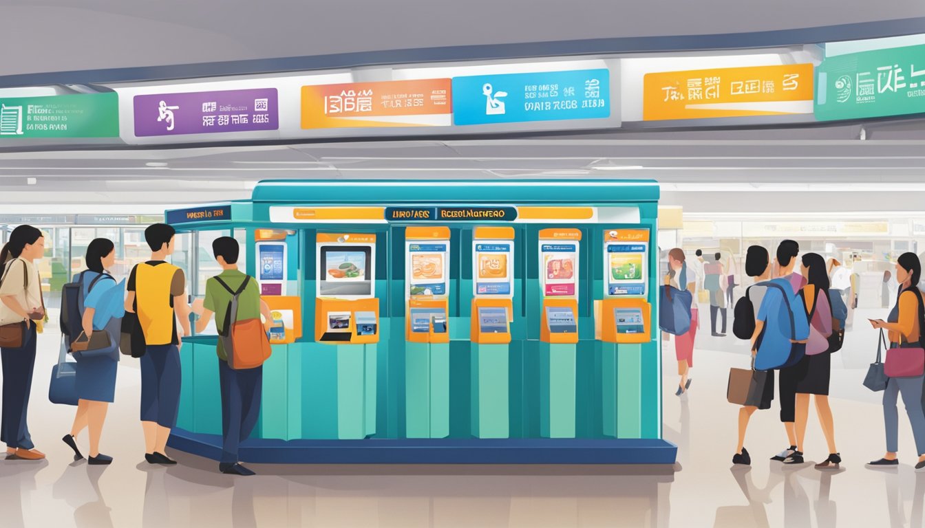 A small kiosk in a bustling Singapore train station sells Octopus cards. The colorful display catches the eye of commuters rushing to purchase the convenient travel card