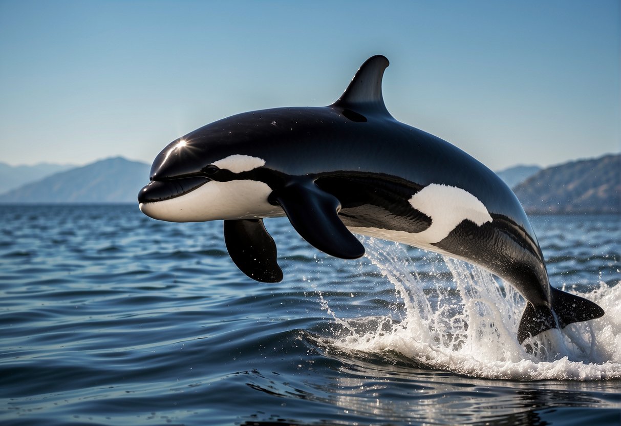 The majestic Orca Sol leaps out of the water, its sleek black and white body glistening in the sunlight, with a backdrop of a calm, blue ocean and a clear, sunny sky