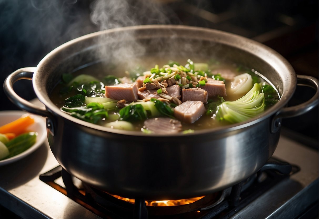 A steaming pot of Chinese pork soup simmers on a stove, filled with tender chunks of pork, bok choy, and fragrant spices