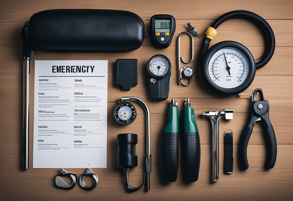 A checklist with items like tire pressure gauge, spare tire, and emergency kit laid out on a table for a long trip maintenance