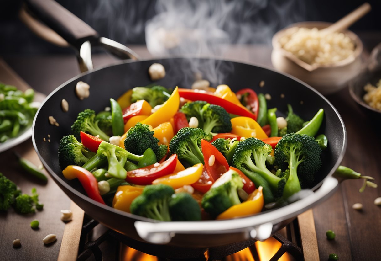 A wok sizzles as vegetables are stir-fried in a fragrant garlic and ginger sauce, with colorful bell peppers, broccoli, and snap peas. Soy sauce and sesame oil add depth of flavor