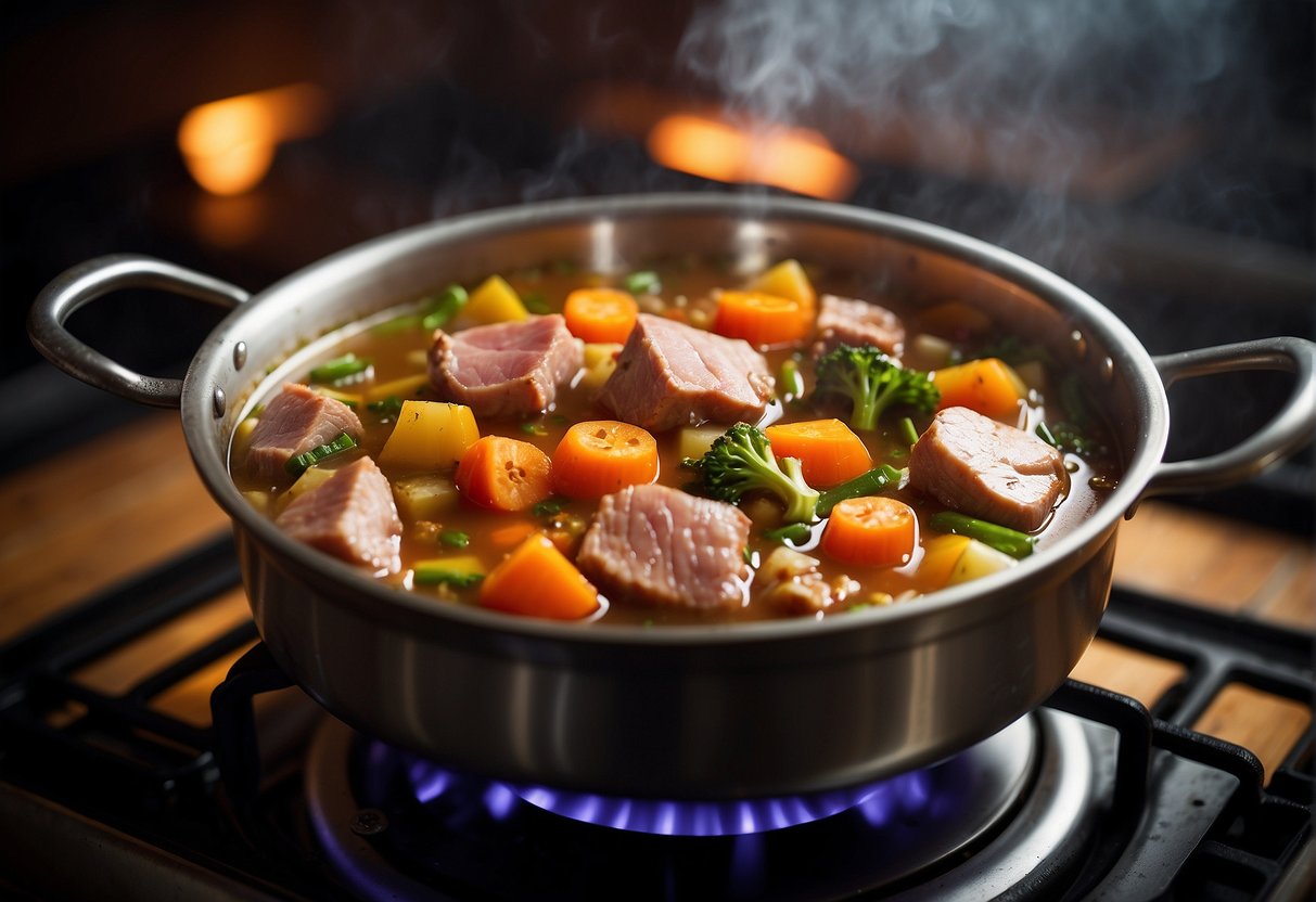 A large pot simmers on a stovetop, filled with chunks of tender pork, fresh vegetables, and fragrant spices in a flavorful broth