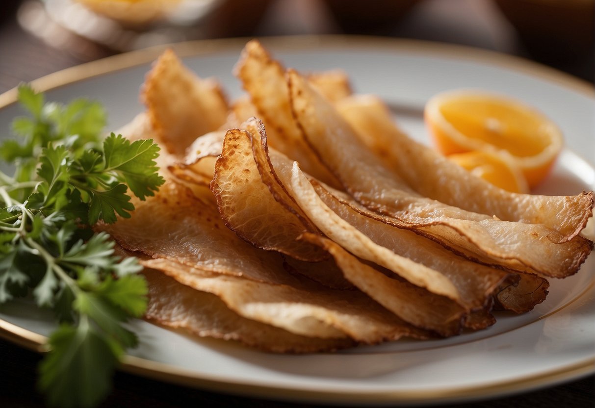 A platter of crispy Chinese pork skin is elegantly arranged with garnishes and served on a decorative plate