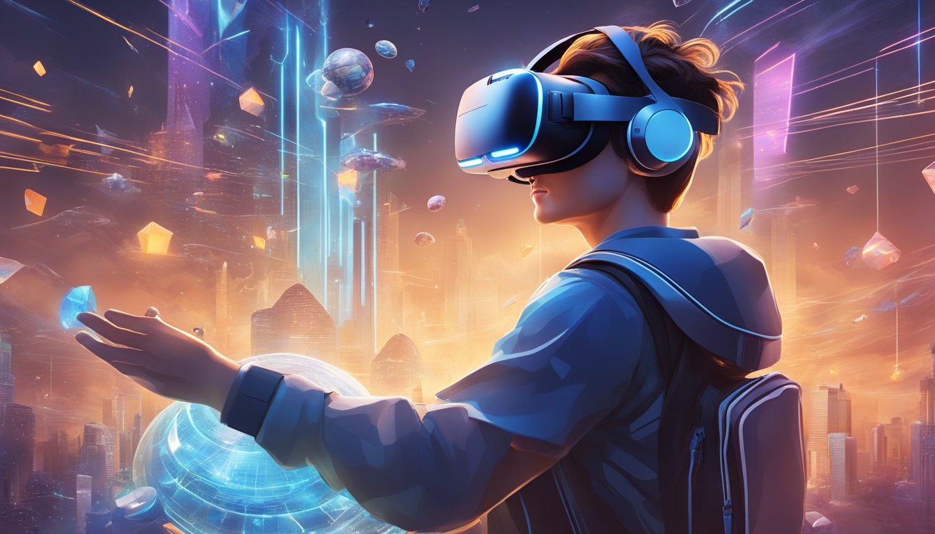 A person wearing a VR headset dives into a virtual reality gaming world, surrounded by futuristic technology and immersive graphics