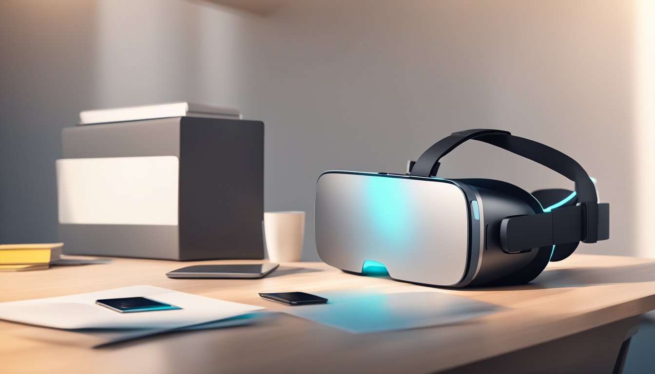 A VR headset displayed on a clean, modern table with a stack of brochures and a laptop nearby. Bright lighting and a minimalist background