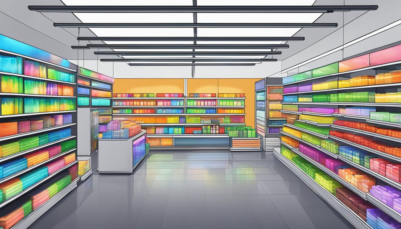A bright store in Singapore sells LED strips, with colorful displays and shelves stocked with various types and lengths