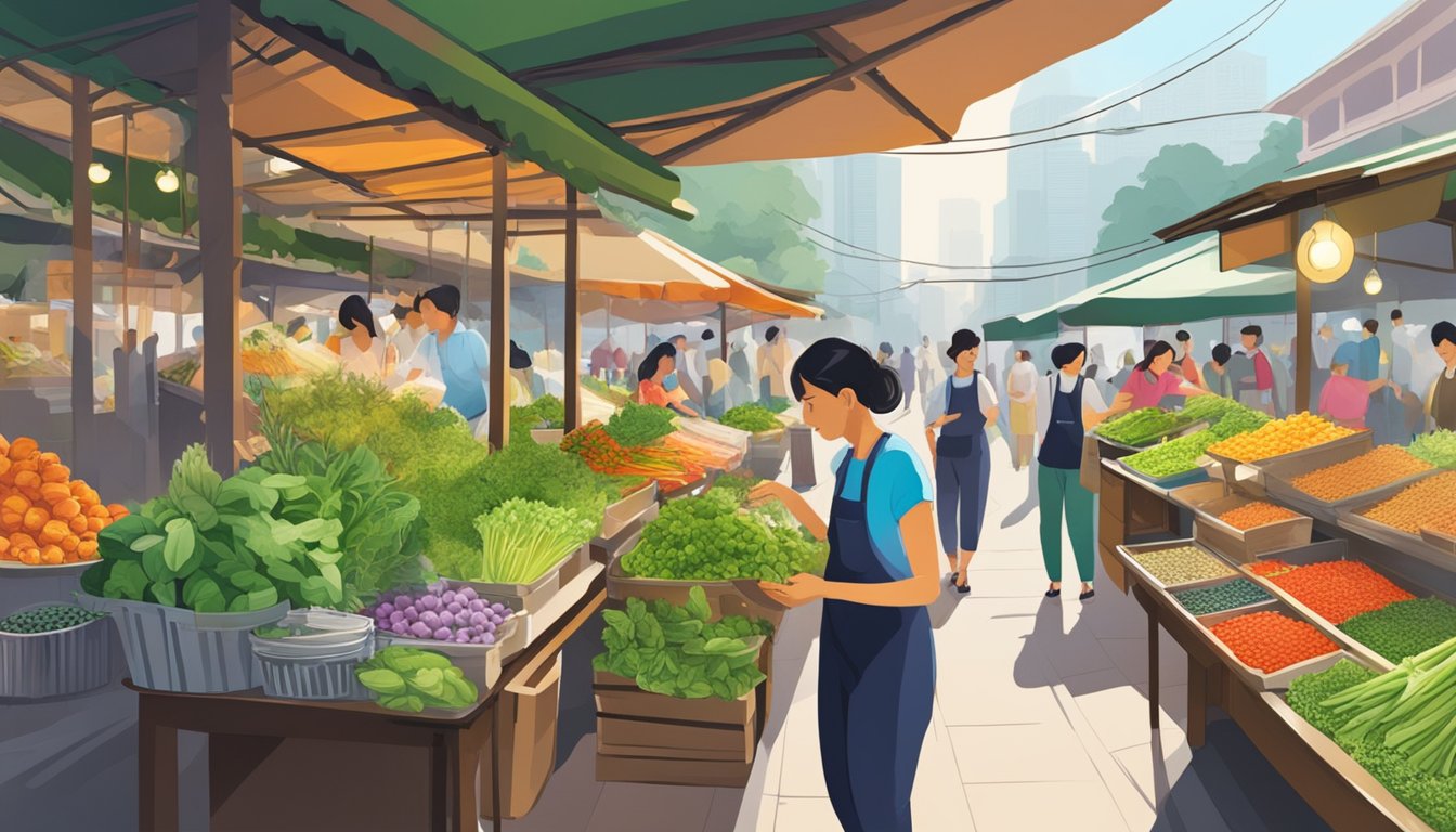 A bustling market stall in Singapore sells vibrant, fresh herbs. The colorful display catches the eye of passersby