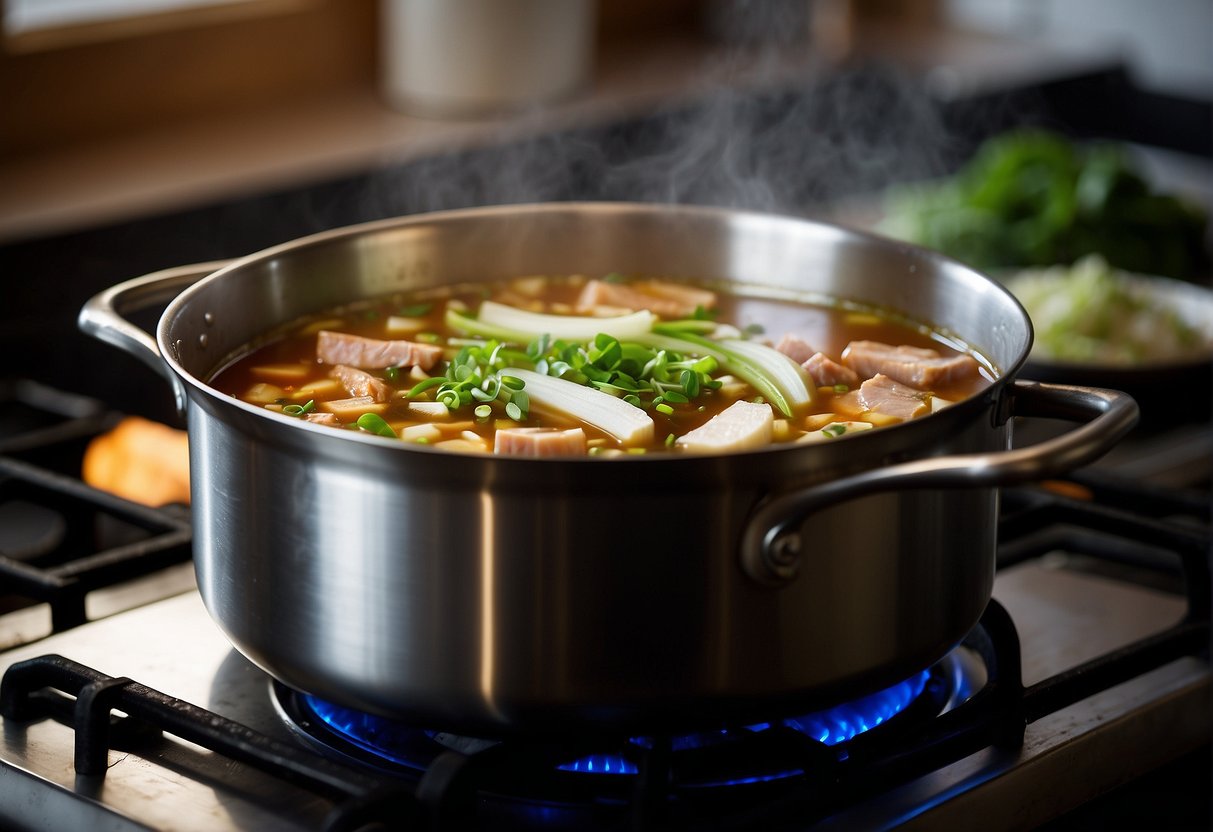 A pot simmering on a stove, filled with sliced pork, ginger, and green onions in a flavorful broth. Ingredients like tofu and bok choy are nearby for potential substitutions