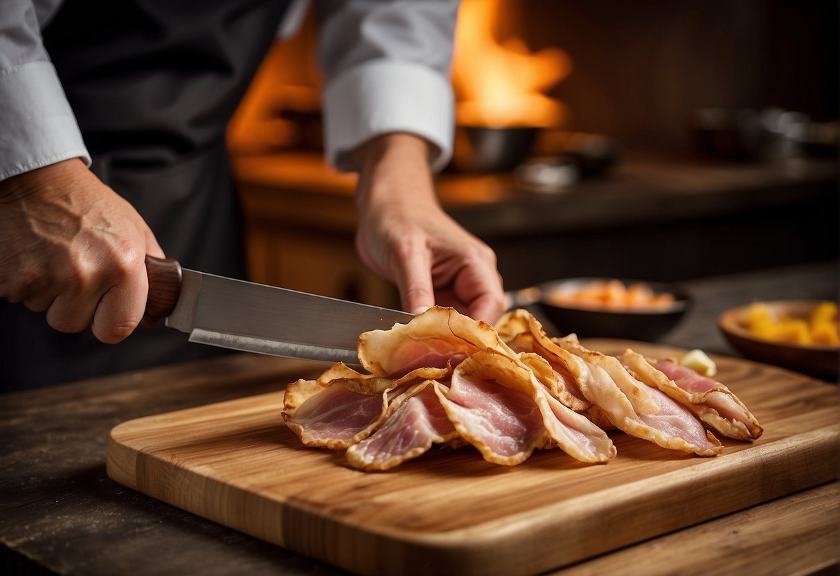A chef slicing crispy Chinese pork skin with a sharp knife on a wooden cutting board. The pork skin is golden brown and crackling, with a tantalizing aroma