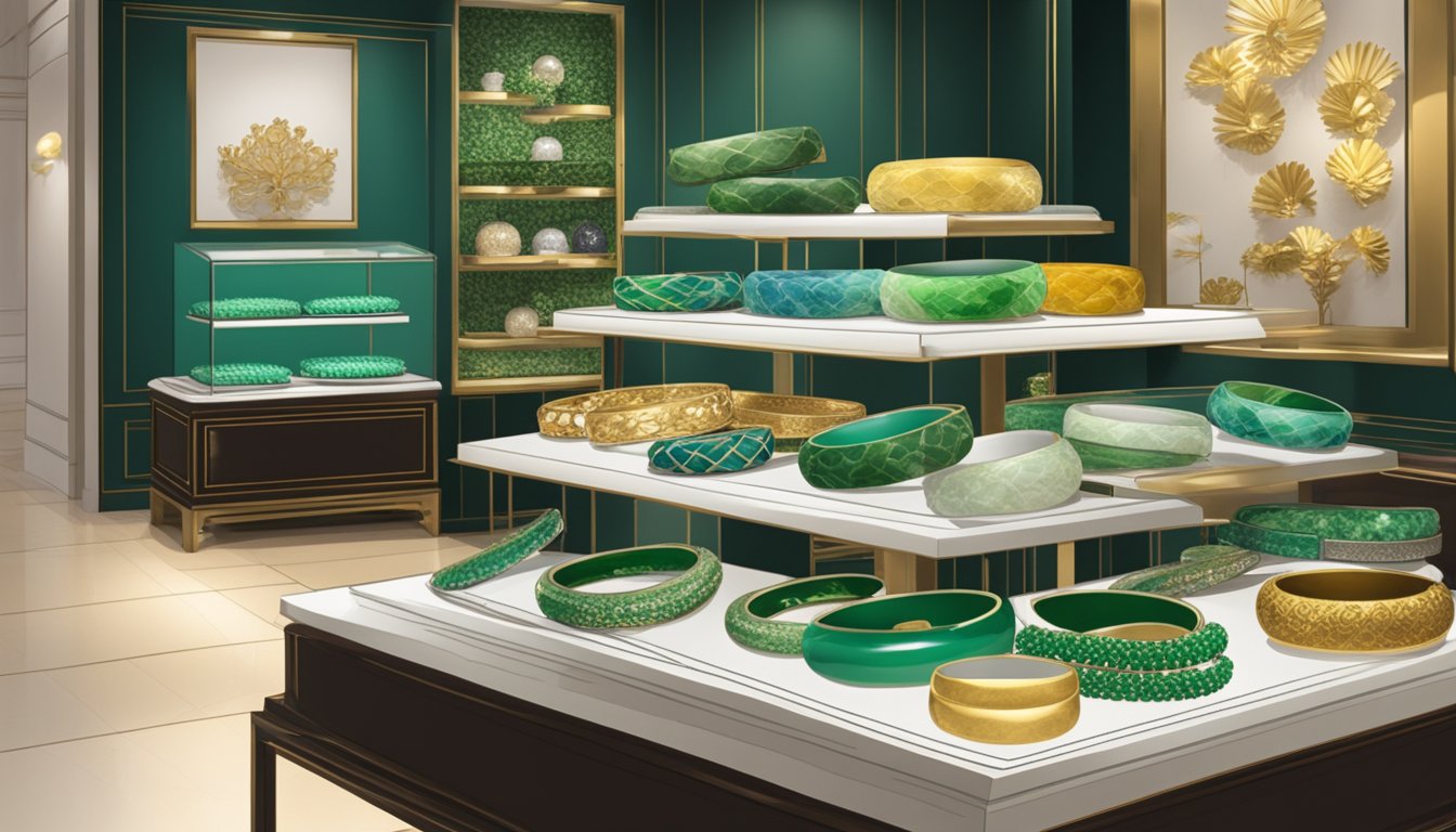 A display of jade bangles in a Singaporean jewelry store, with various designs and colors showcased on velvet cushions