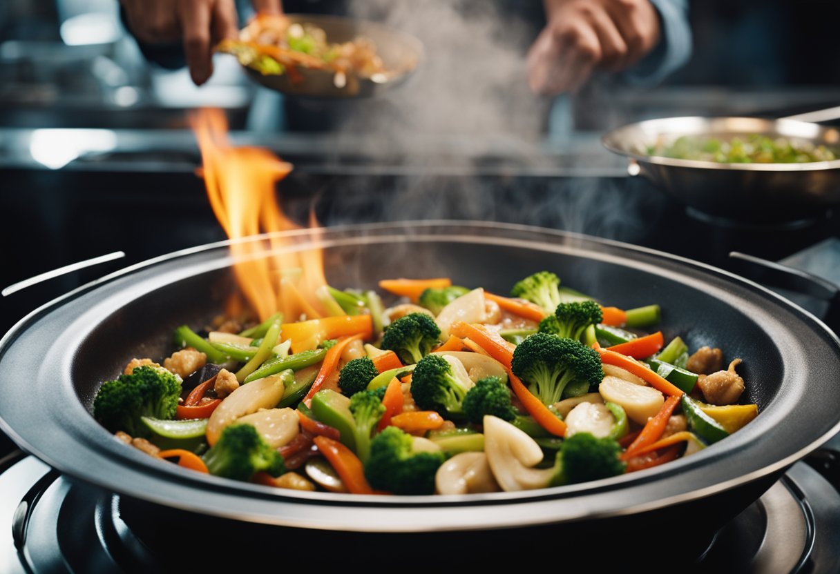 A wok sizzles with stir-fried vegetables in a fragrant Chinese sauce. Steam rises as the chef expertly tosses the ingredients, creating a vibrant and appetizing dish