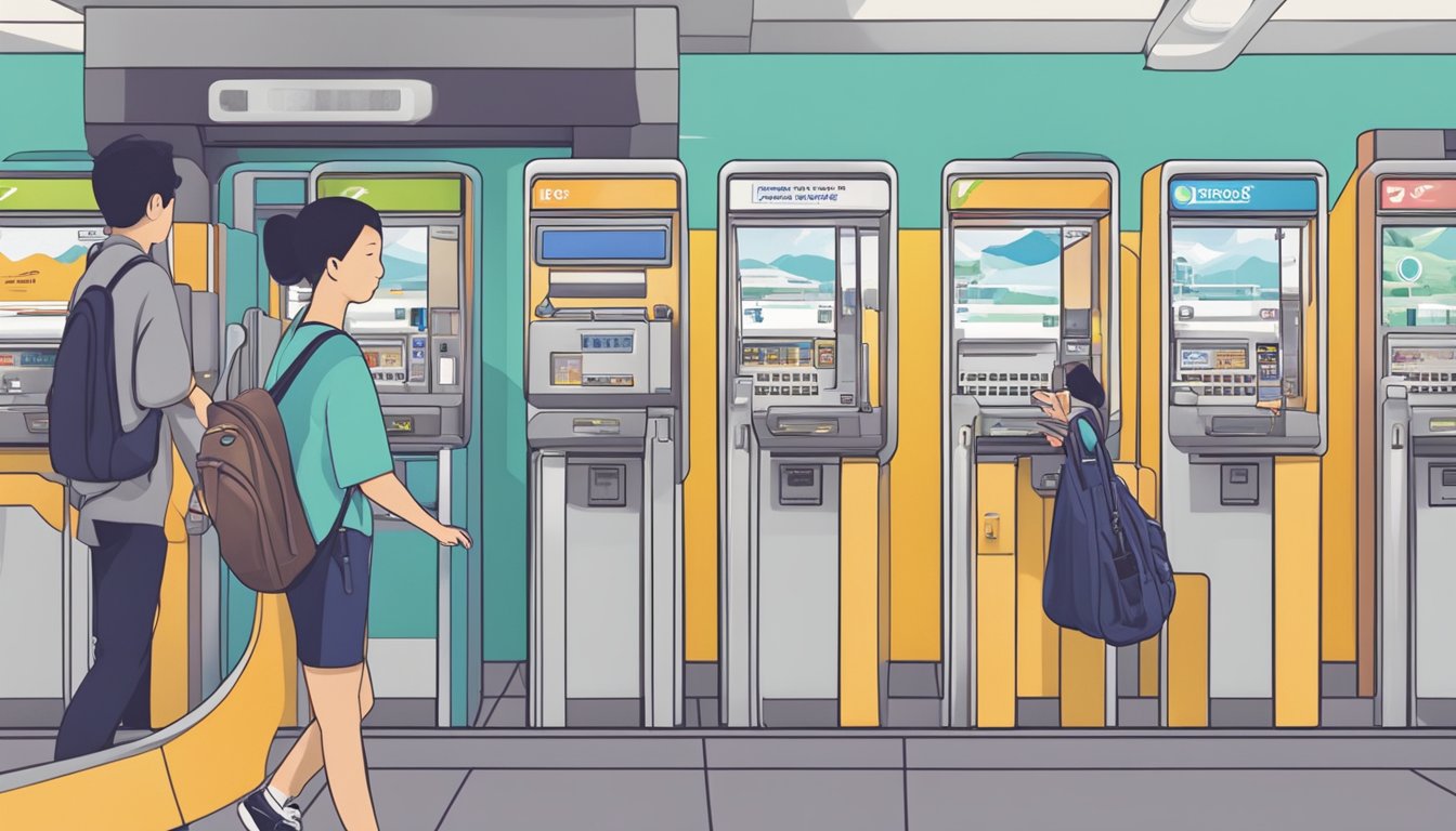 A person swiping an Octopus card at a ticket machine in a bustling Singapore train station. The machine displays the balance and the person's hand holds the card