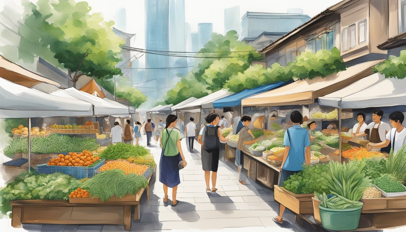 Lush green herbs fill a bustling market in Singapore, their vibrant colors and aromatic scents drawing in passersby. The air is filled with the promise of fresh flavors and culinary delights