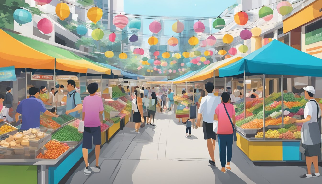 A bustling street market with colorful signage and a prominent octopus card kiosk in Singapore