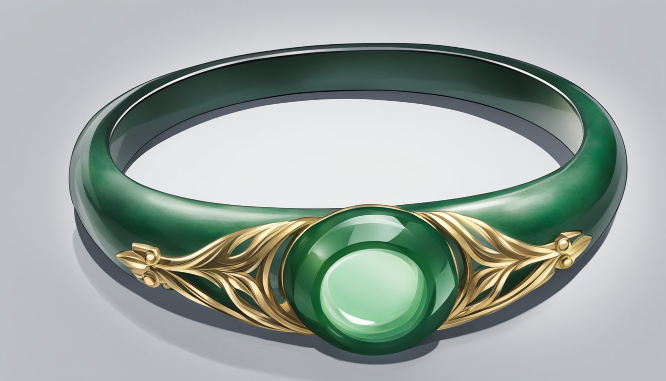 A jade bangle is held up to the light, showing its color and clarity. A magnifying glass and jade testing tools are nearby