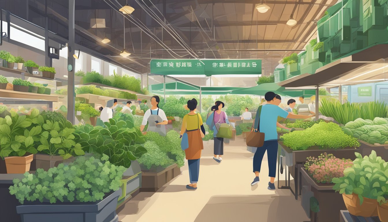 A bustling Singapore market sells fresh herbs. Nearby, a lush garden showcases how to grow them
