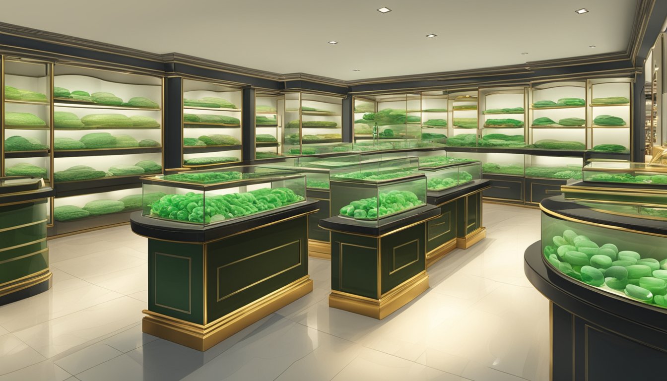 A display of jade bangles in a Singaporean jewelry store, with a sign reading "Frequently Asked Questions: Where to buy jade bangle in Singapore."