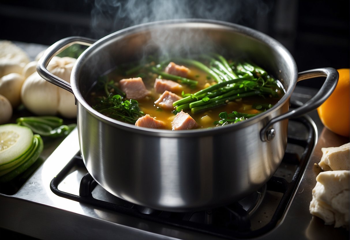 A pot simmers on a stove, filled with savory broth, tender chunks of pork, and vibrant green vegetables. Steam rises from the pot, filling the air with the aroma of ginger and garlic