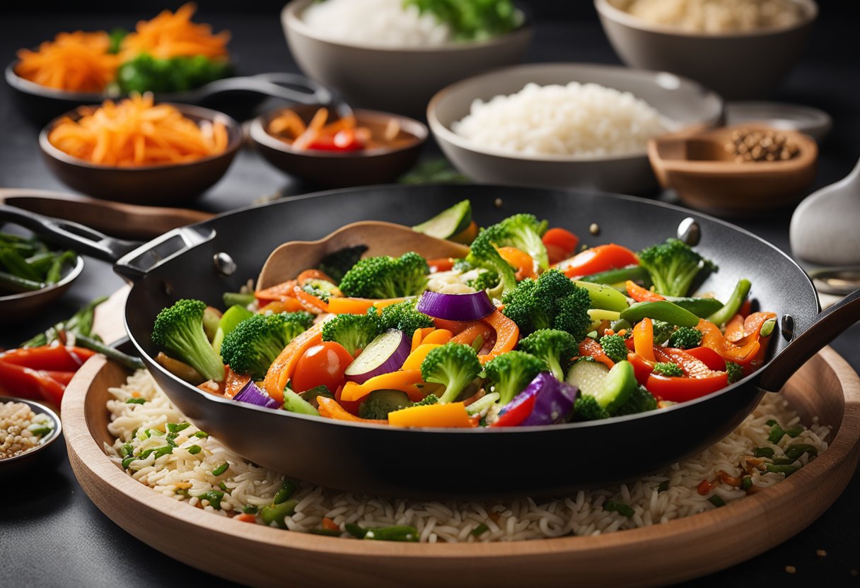 A colorful array of stir-fried vegetables sizzling in a wok, with a sprinkle of sesame seeds and a side of steamed rice